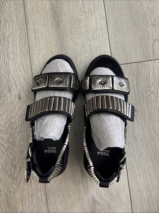 TOGA Pulla Shoes - TOGA Pulla Black Sandals with Silver-Tone Stud and Plate Accents